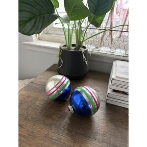 Vintage Radko Shiny Brite Green Striped Ball Glitter Ornament set Xmas Tree (2)